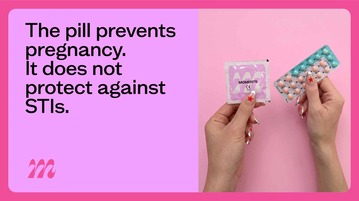 Contraceptive pill and condom shown side by side to explain pregnancy and STI protection