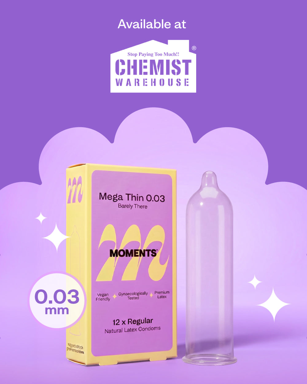 Moments Mega Thin 0.03 condoms, available at Chemist Warehouse