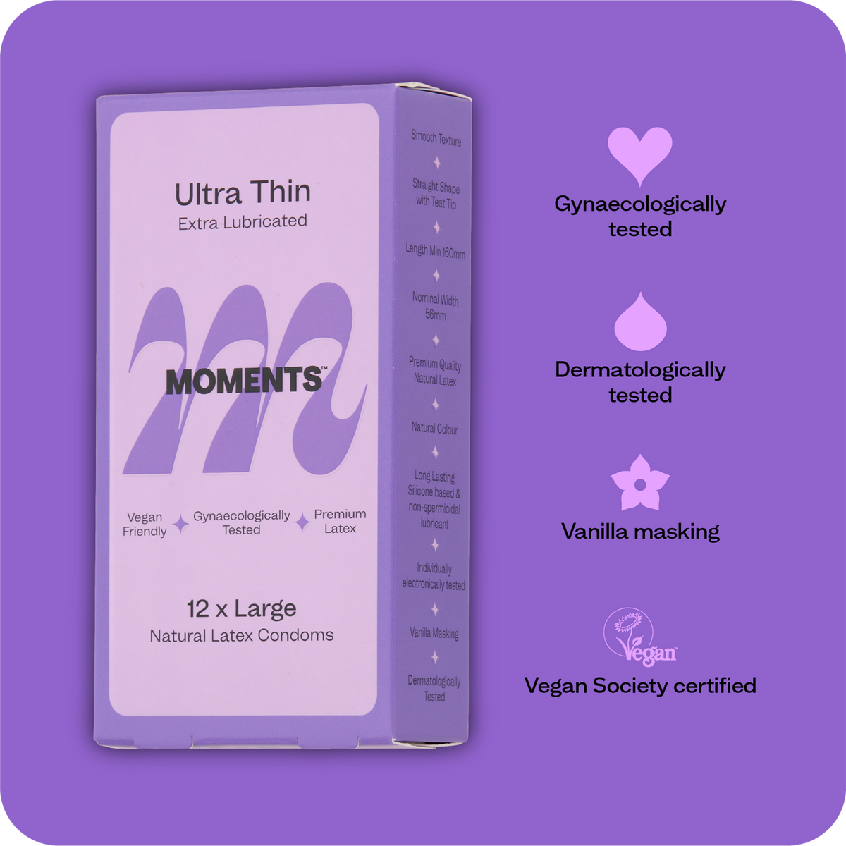 The front view of Moments Ultra Thin Large condom box with brand logo