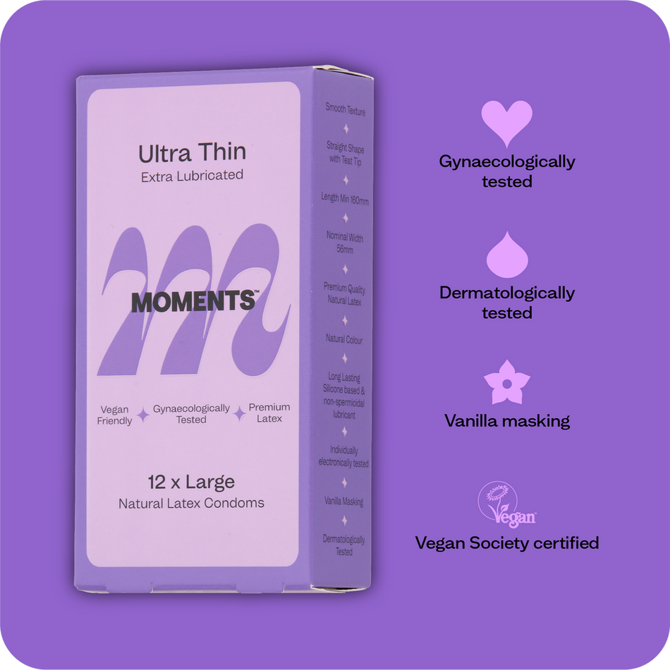 The front view of Moments Ultra Thin Large condom box with brand logo