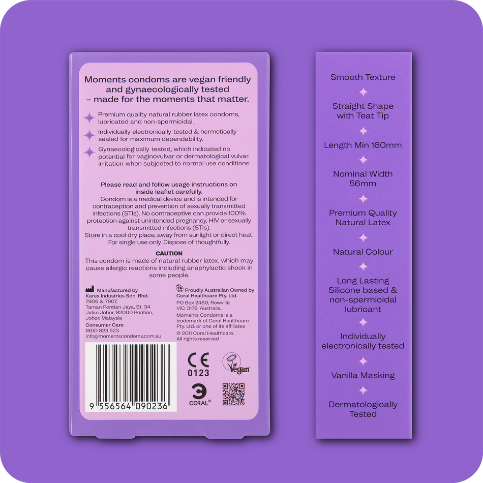 Detailed view of the Moments Ultra Thin Large condom packaging with product information