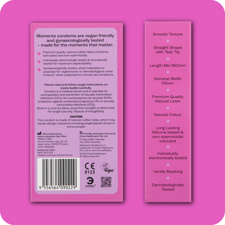 Rear view of Moments Ultra Thin Regular condom box with product information