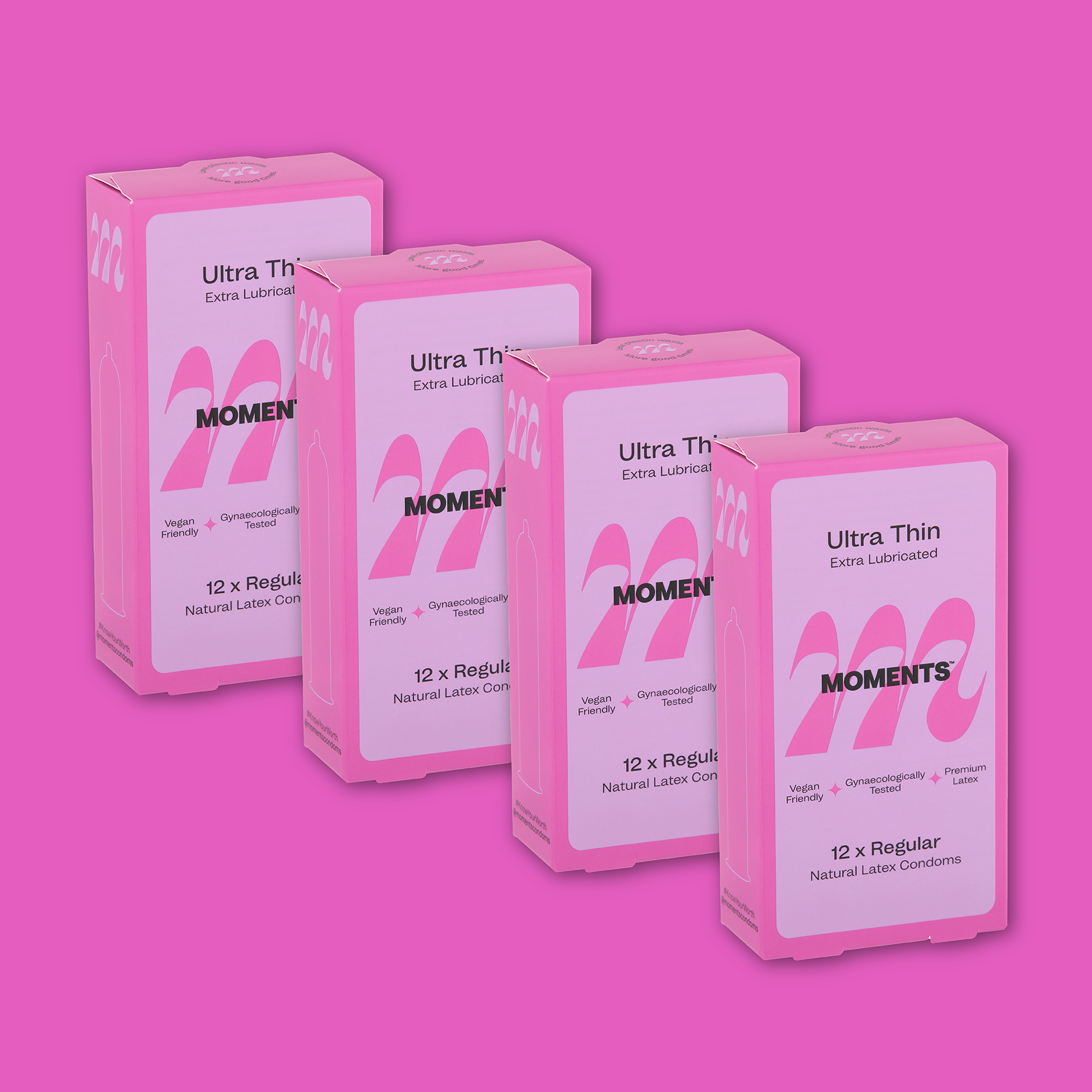 Moments Ultra Thin Regular condom pack displayed against a pink backdrop