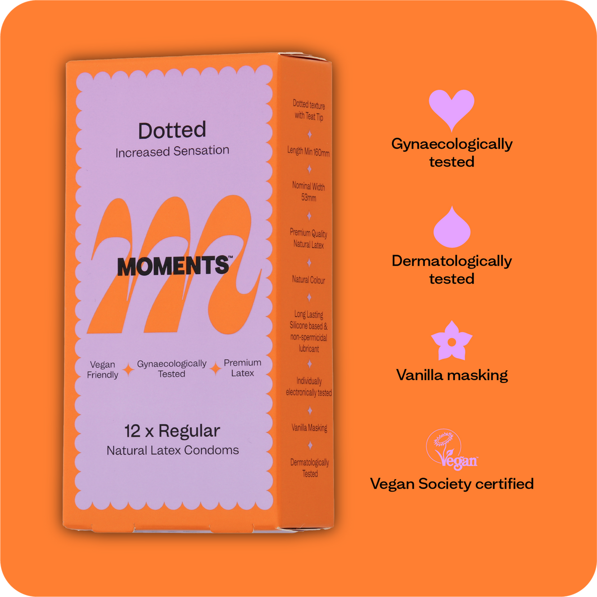 Moments Dotted condom box presented on a vibrant orange surface