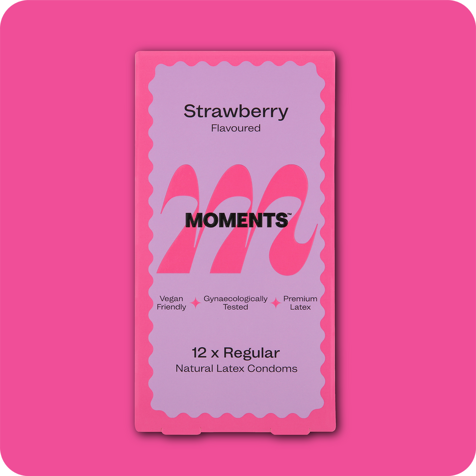 Moments Strawberry flavoured condom in pink packaging