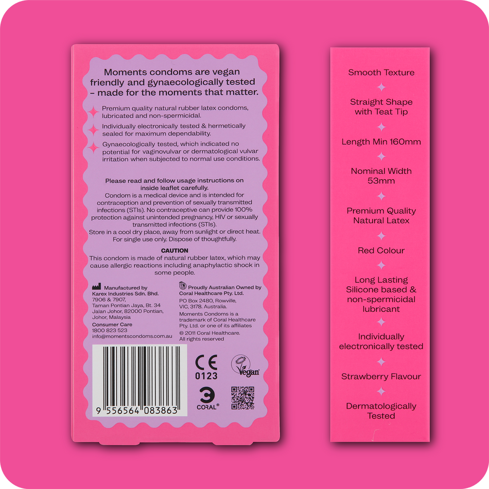 Moments Strawberry flavoured condom back of packaging