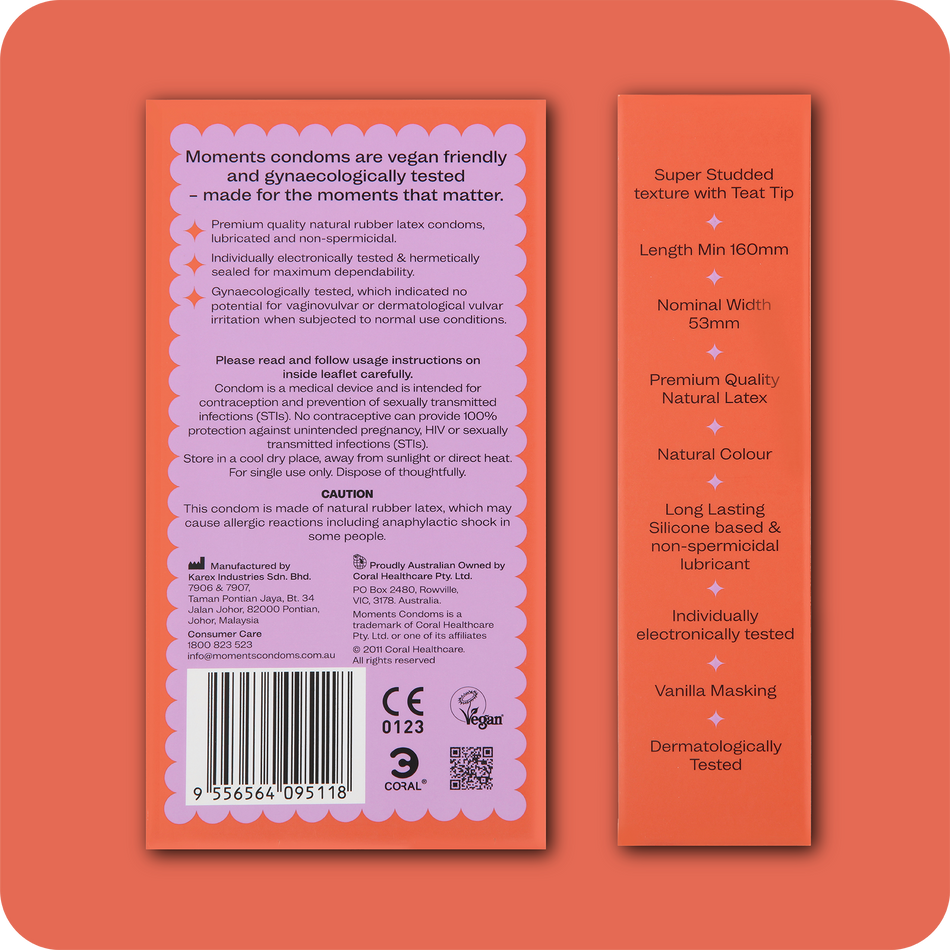 Barcode and product information on the back of the Moments Super Studded condom packaging