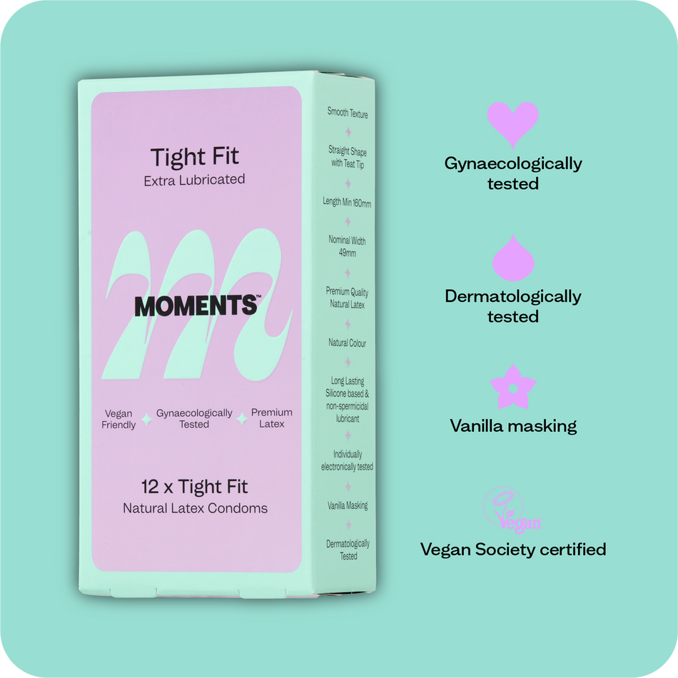 Moments Tight Fit condoms certified vegan label detail