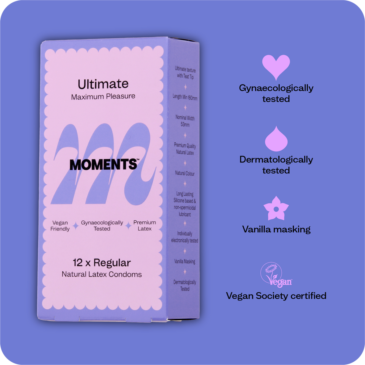 Frontal view of Moments Ultimate condoms showcasing the brand label