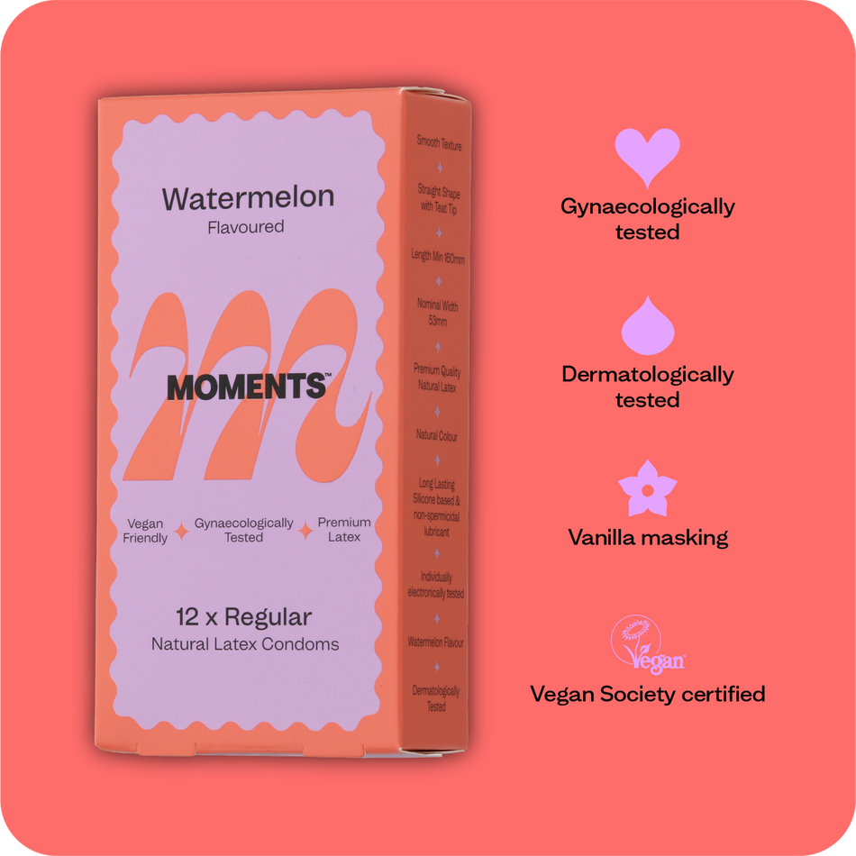 Moments Watermelon flavoured condom with emphasis on vegan ingredients and gynaecologically tested