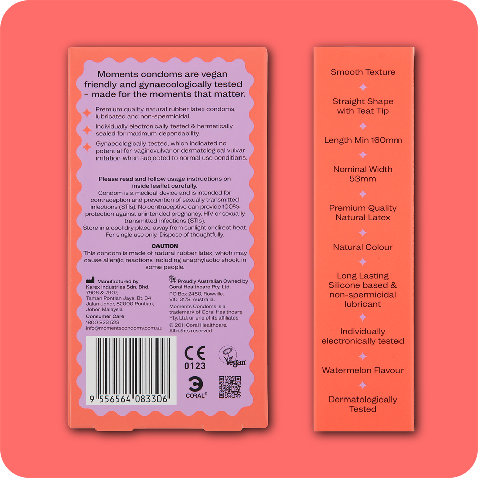 Moments Watermelon flavoured condom packaging with visible barcode